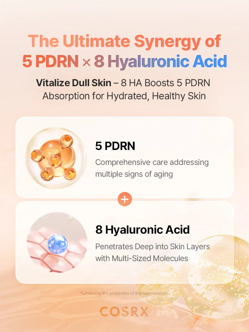 COSRX 5 PDRN Hyaluronic Acid Vital Hydrating Hydrogel Mask showing a soothing, transparent hydrogel sheet mask for deep skin hydration.