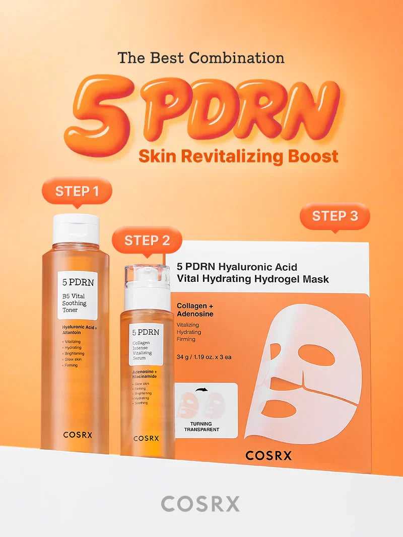 COSRX 5 PDRN Hyaluronic Acid Vital Hydrating Hydrogel Mask shown on a skincare model's face, designed for deep hydration and skin repair.