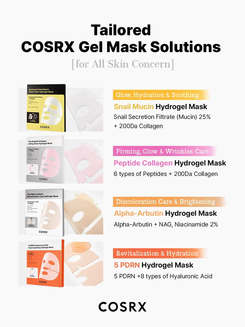 COSRX 5 PDRN Hyaluronic Acid Vital Hydrating Hydrogel Mask showing a sleek, transparent hydrogel mask with a smooth surface.