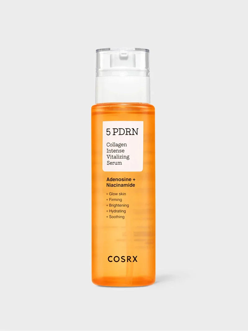 COSRX 5 PDRN Collagen Intense Vitalizing Serum in a 100ml bottle, showing the clear serum and minimalist packaging.