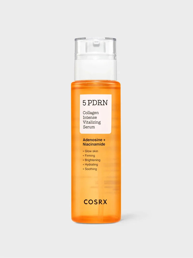 COSRX 5 PDRN Glass Skin Transformation Kit with serum bottle and skincare products arranged for a clear, radiant skin look