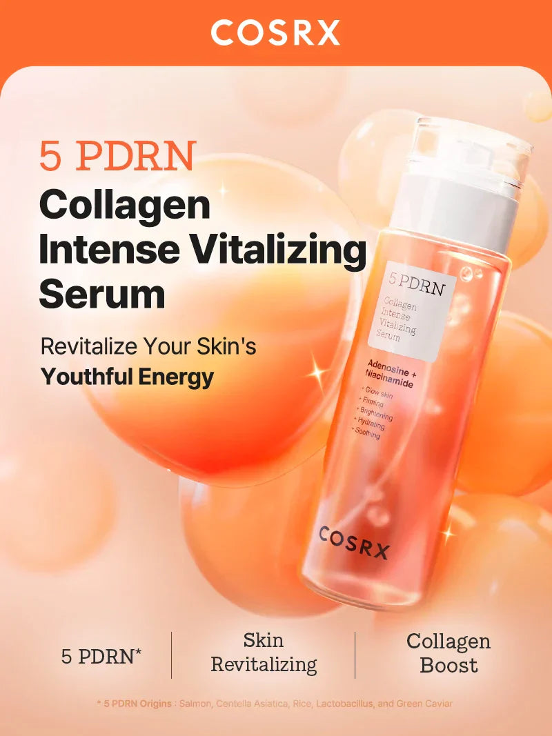 COSRX 5 PDRN Collagen Vitalizing Serum bottle with white pump and label, 100ml, skincare product for skin rejuvenation