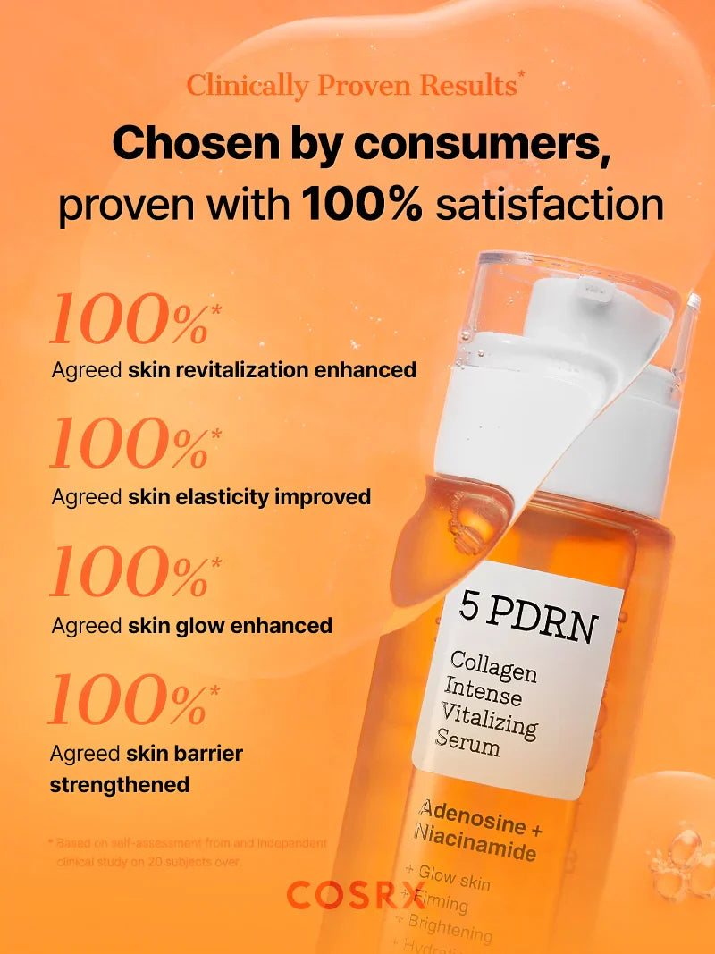 Cosrx 5 PDRN Collagen Intense Vitalizing Serum in a 100ml bottle, featuring clear liquid and product label on the packaging.