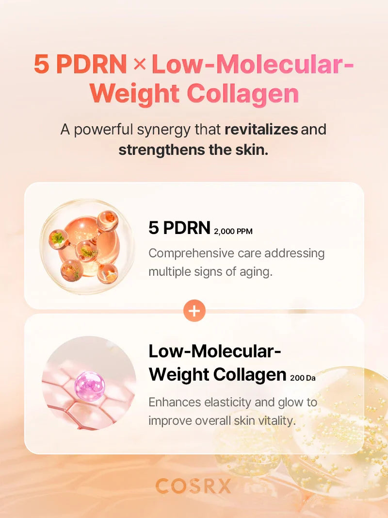 COSRX 5 PDRN Collagen Intense Vitalizing Serum in 100ml bottle, showcasing the product with a sleek packaging design.