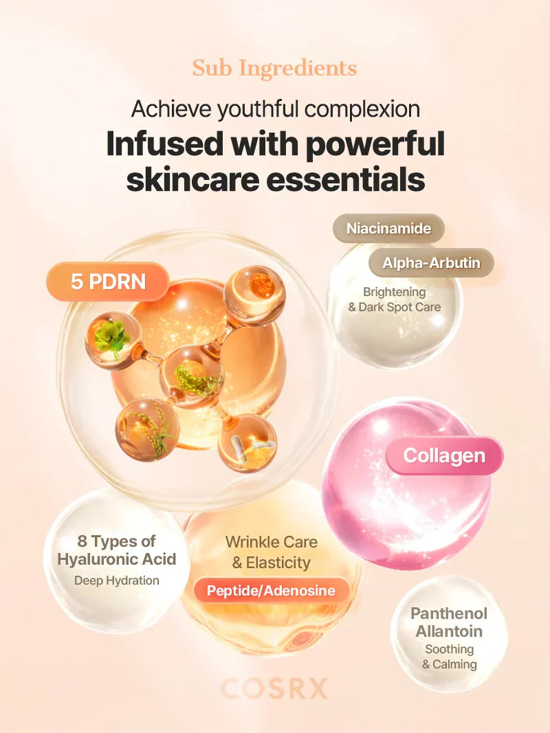 COSRX 5 PDRN Collagen Intense Vitalizing Serum in a 100ml bottle, featuring clear liquid and pump dispenser for skincare.