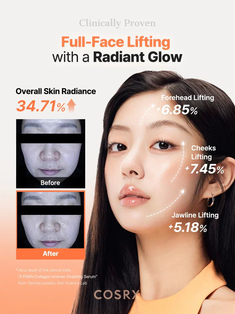 COSRX 5 PDRN Collagen Intense Vitalizing Serum 100ml bottle with dropper for skin rejuvenation and hydration.