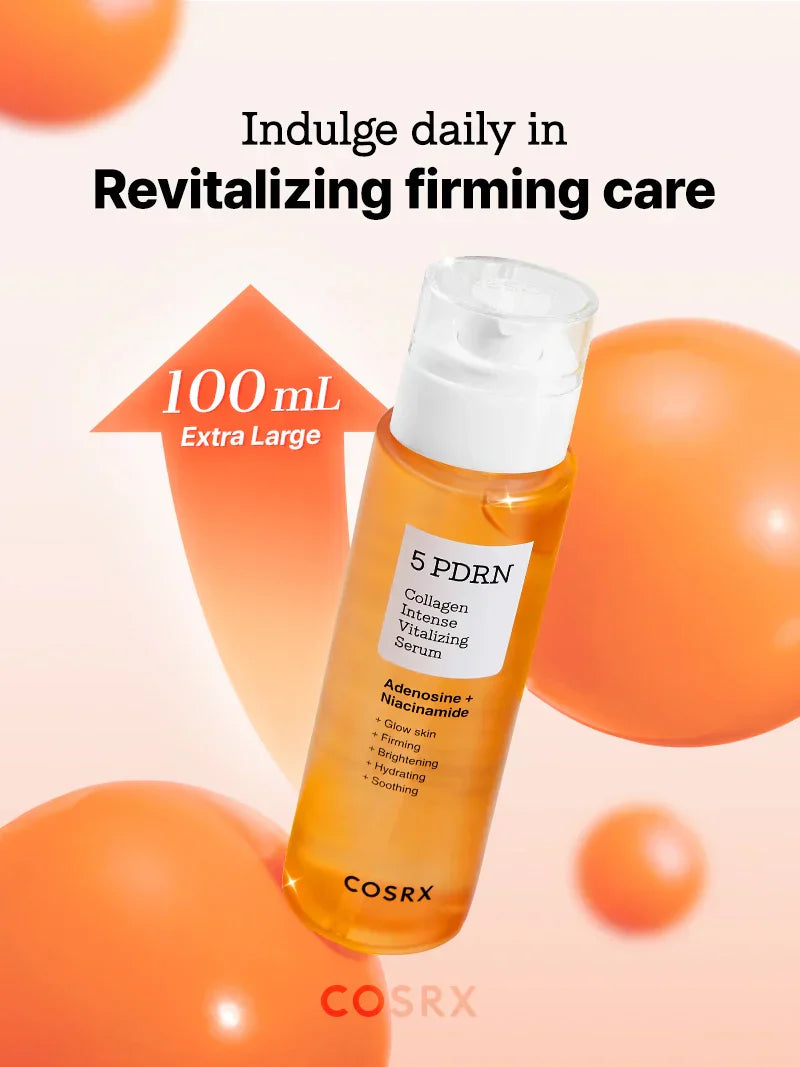 COSRX 5 PDRN Collagen Intense Vitalizing Serum in a 100ML bottle, showcasing the serum's sleek packaging and clear liquid inside.