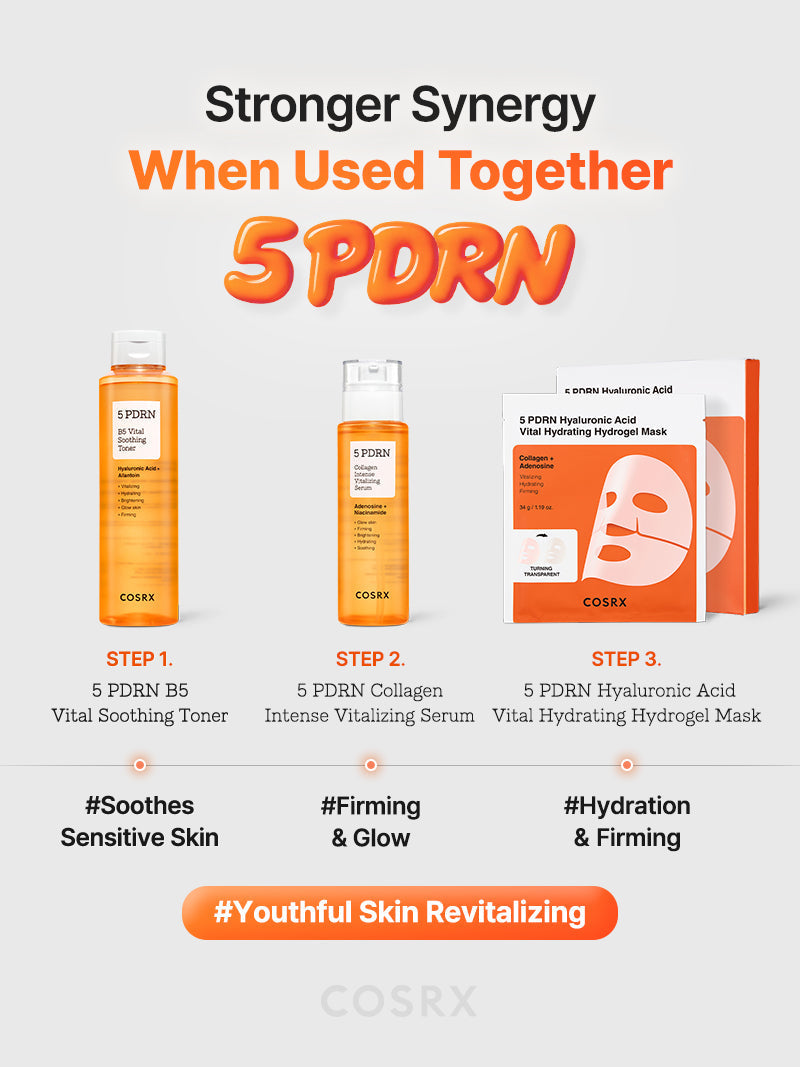 COSRX 5 PDRN Collagen Intense Vitalizing Serum bottle, 100ml, with sleek packaging and applicator for revitalizing skincare.