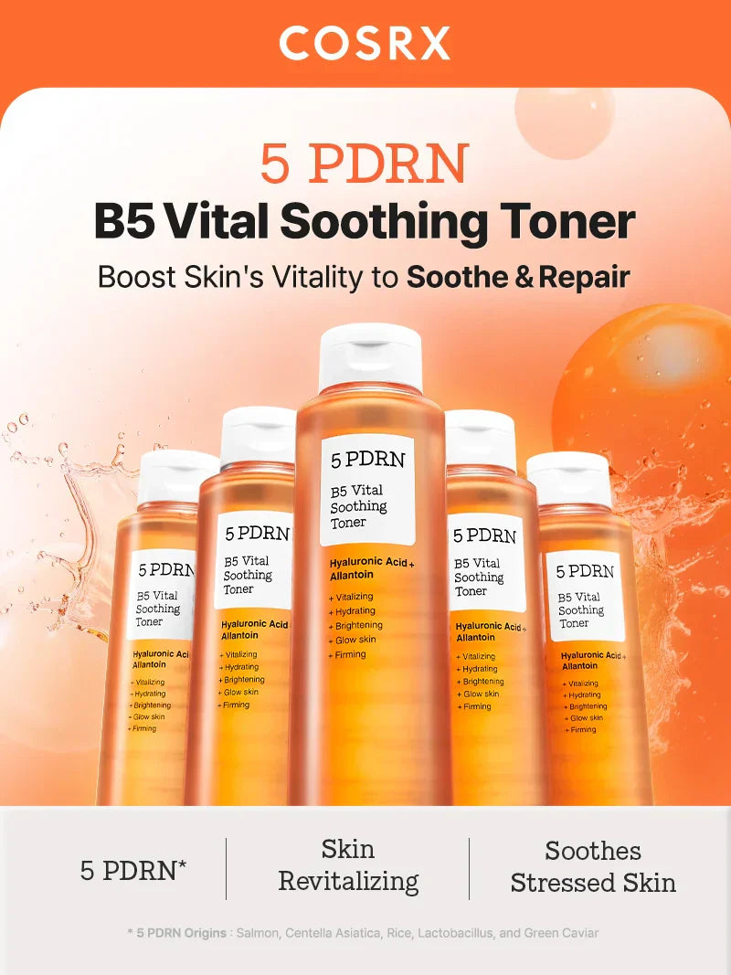 COSRX 5 PDRN B5 Vital Soothing Toner in a 280ml bottle, featuring clear liquid and minimalist packaging with the product label visible.