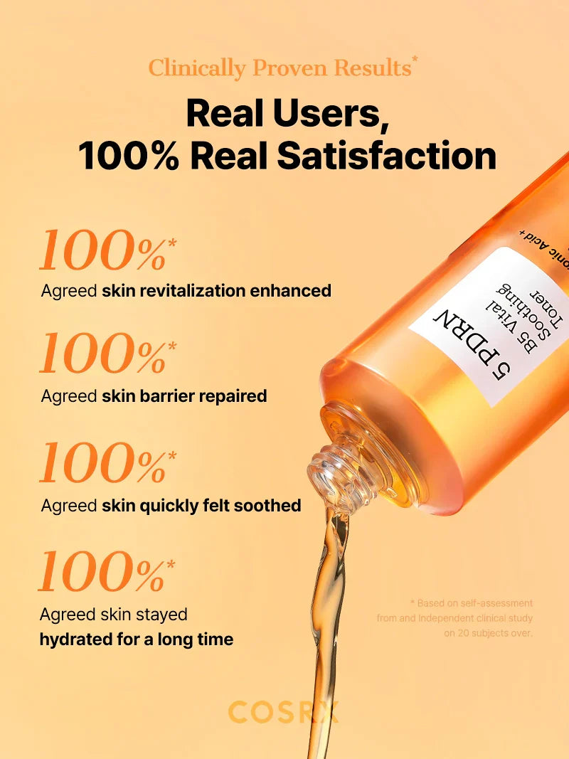 COSRX 5 PDRN B5 Vital Soothing Toner in 280ml bottle, showing the clear liquid and product packaging with label.