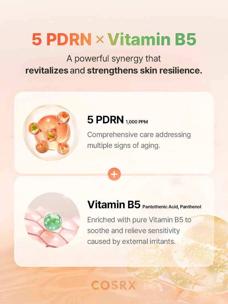 COSRX 5 PDRN B5 Vital Soothing Toner 280ml bottle with clear liquid, designed to hydrate and soothe skin.