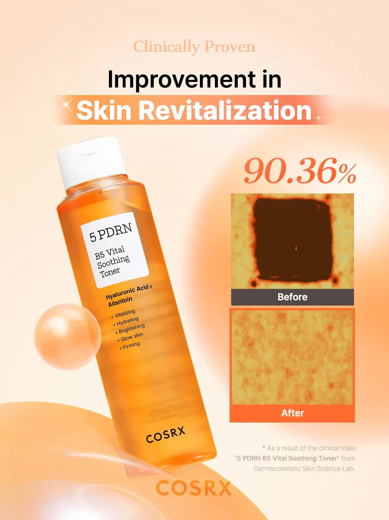COSRX 5 PDRN B5 Vital Soothing Toner in a 280ml bottle, featuring clear liquid and minimalist packaging.
