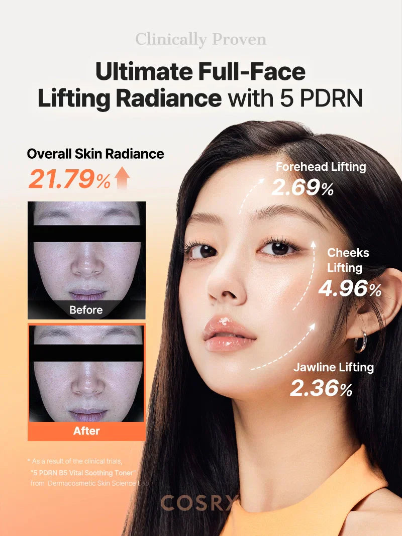 COSRX 5 PDRN B5 Vital Soothing Toner in a 280ml bottle, featuring clear liquid and minimalist packaging with a white cap.