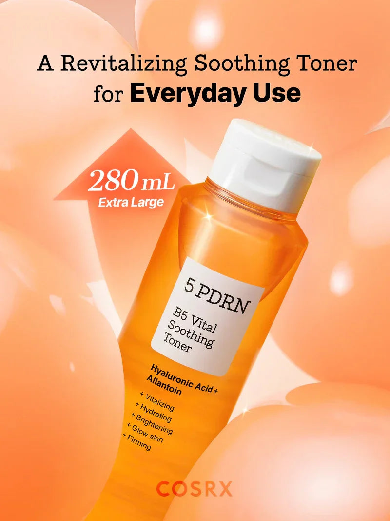 COSRX 5 PDRN B5 Vital Soothing Toner in 280ml bottle, featuring clear liquid and minimalist packaging on a white background.