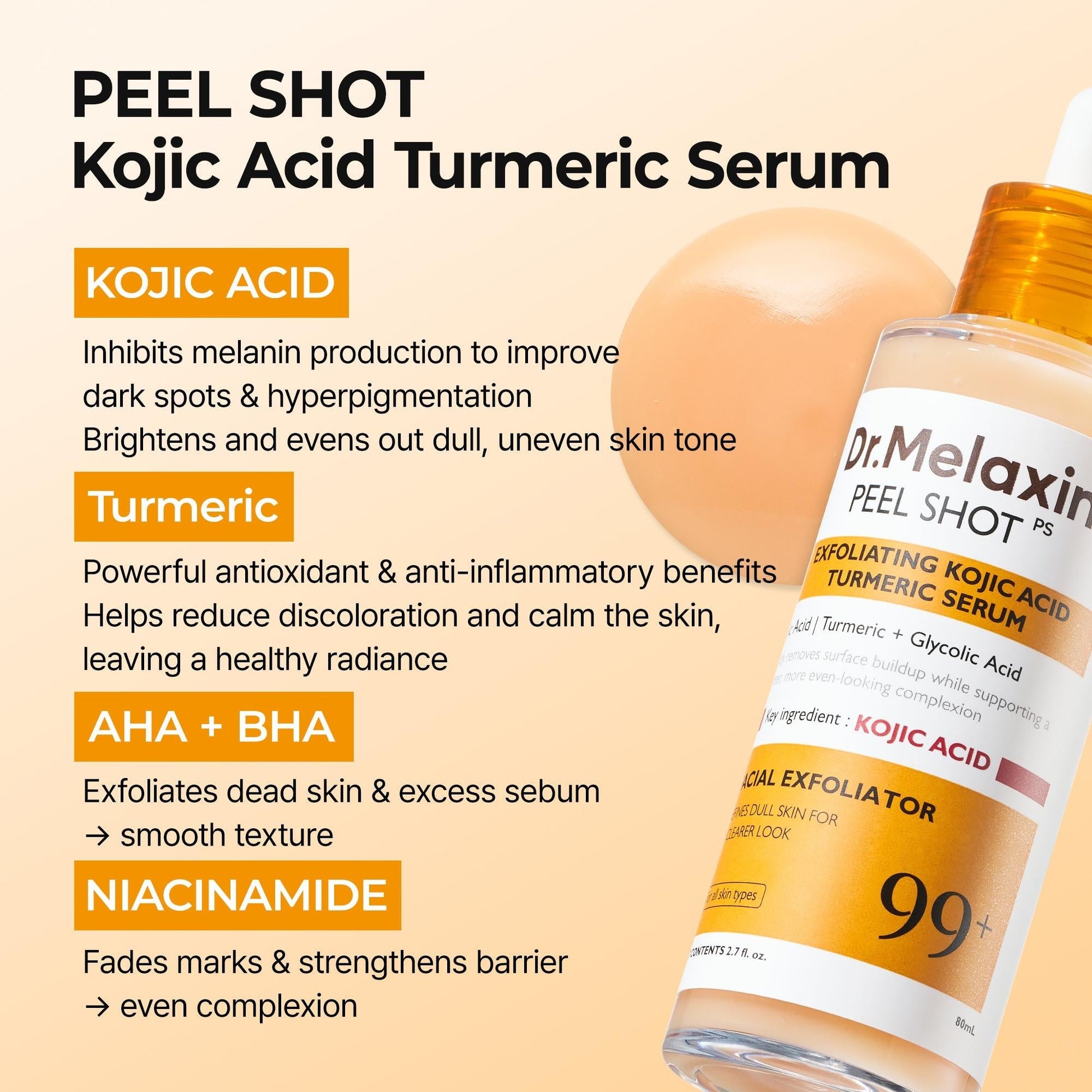 Set of four Dr.Melaxin Peel Shot exfoliating ampoules, featuring different types for skin renewal and gentle exfoliation.