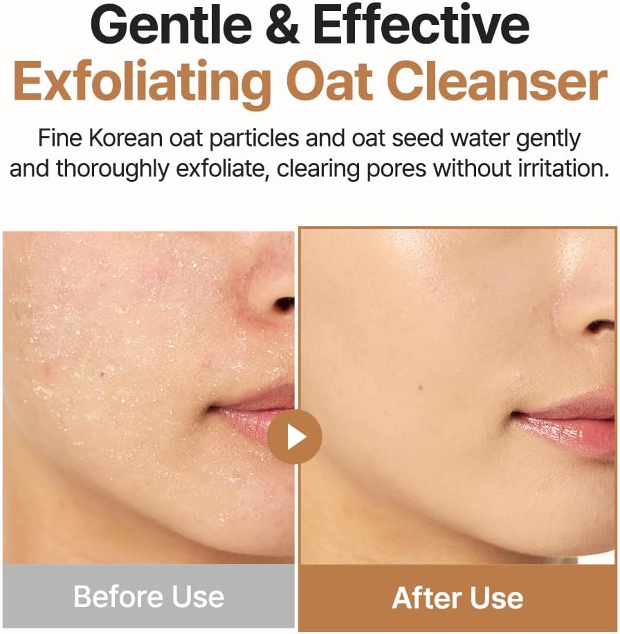 PURITO Seoul Oat In Gentle Exfoliating Face Cleanser in a clear bottle with a cream-colored liquid, suitable for sensitive skin.