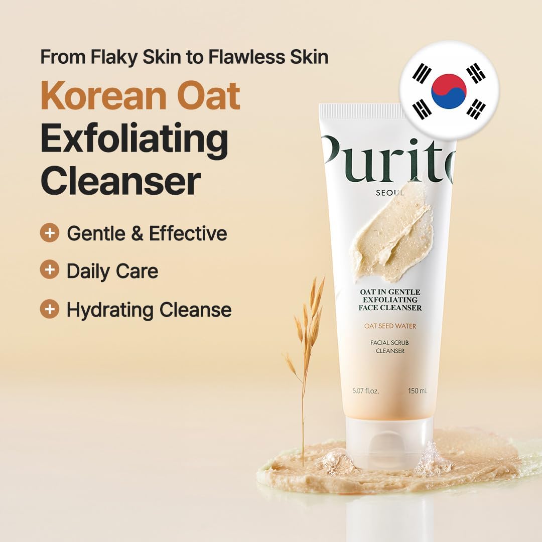 Purito Seoul Oat In Gentle Exfoliating Face Cleanser in a white tube with green accents, suitable for sensitive skin.