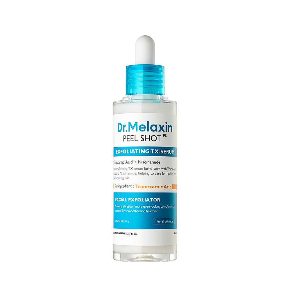Set of four Dr.Melaxin Peel Shot Exfoliating Ampoules with different formulations for skin renewal and smoother texture.