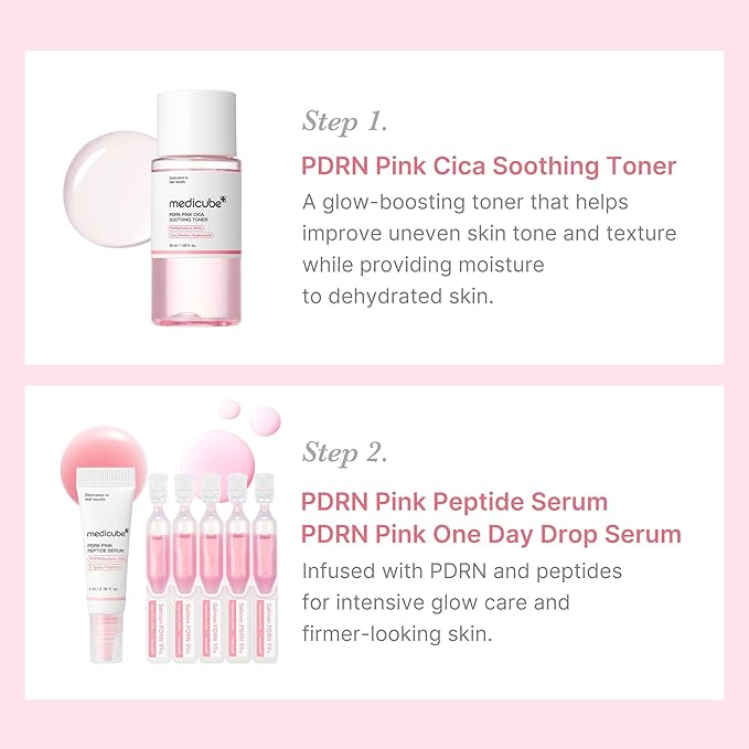 Medicube PDRN Glow Kit for skin care with serum and moisturizer, featuring brightening and revitalizing ingredients.