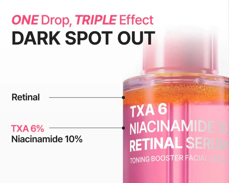 PURITO Seoul TXA 6 Niacinamide Retinal Face Serum bottle showing the product label and clear liquid inside.