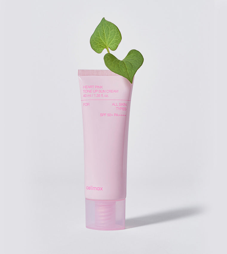 Celimax Heart Pink Tone Up SPF50+ PA++++ sun cream in 40ml tube, pink packaging with product label visible.