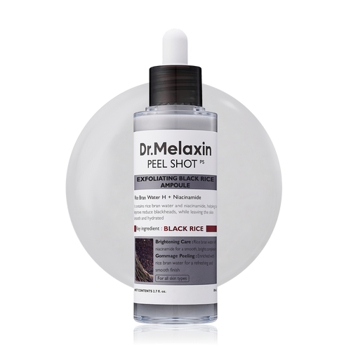 Set of four Dr.Melaxin Peel Shot exfoliating ampoules in black bottles, designed for skincare exfoliation and skin renewal.