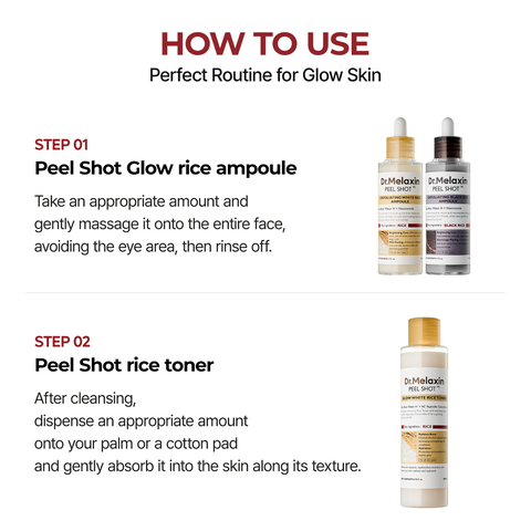 Dr.Melaxin Peel Shot Exfoliating Glow Rice toner in a clear bottle with a white cap, showcasing its label and product appearance.