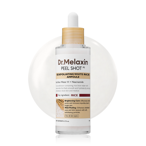 Set of four Dr.Melaxin Peel Shot exfoliating ampoules in white bottles, designed for skin exfoliation and brightening.