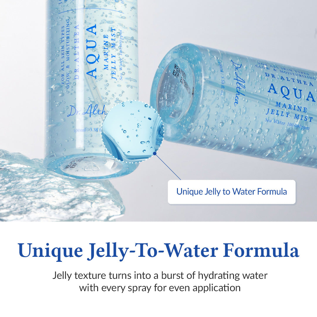 DR ALTHEA Aqua Marine Jelly Mist bottle with clear packaging, showing the hydrating mist inside, designed for skincare and hydration.