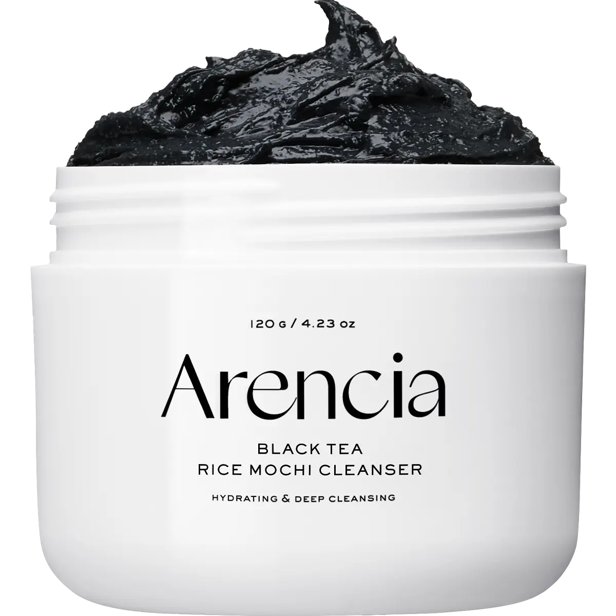 Arencia Black Tea Rice Mochi Cleanser bottle with black and white packaging, suitable for gentle facial cleansing and skincare.