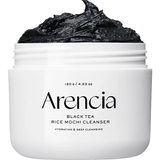 Arencia Black Tea Rice Mochi Cleanser bottle with black and white packaging, suitable for gentle facial cleansing and skincare.