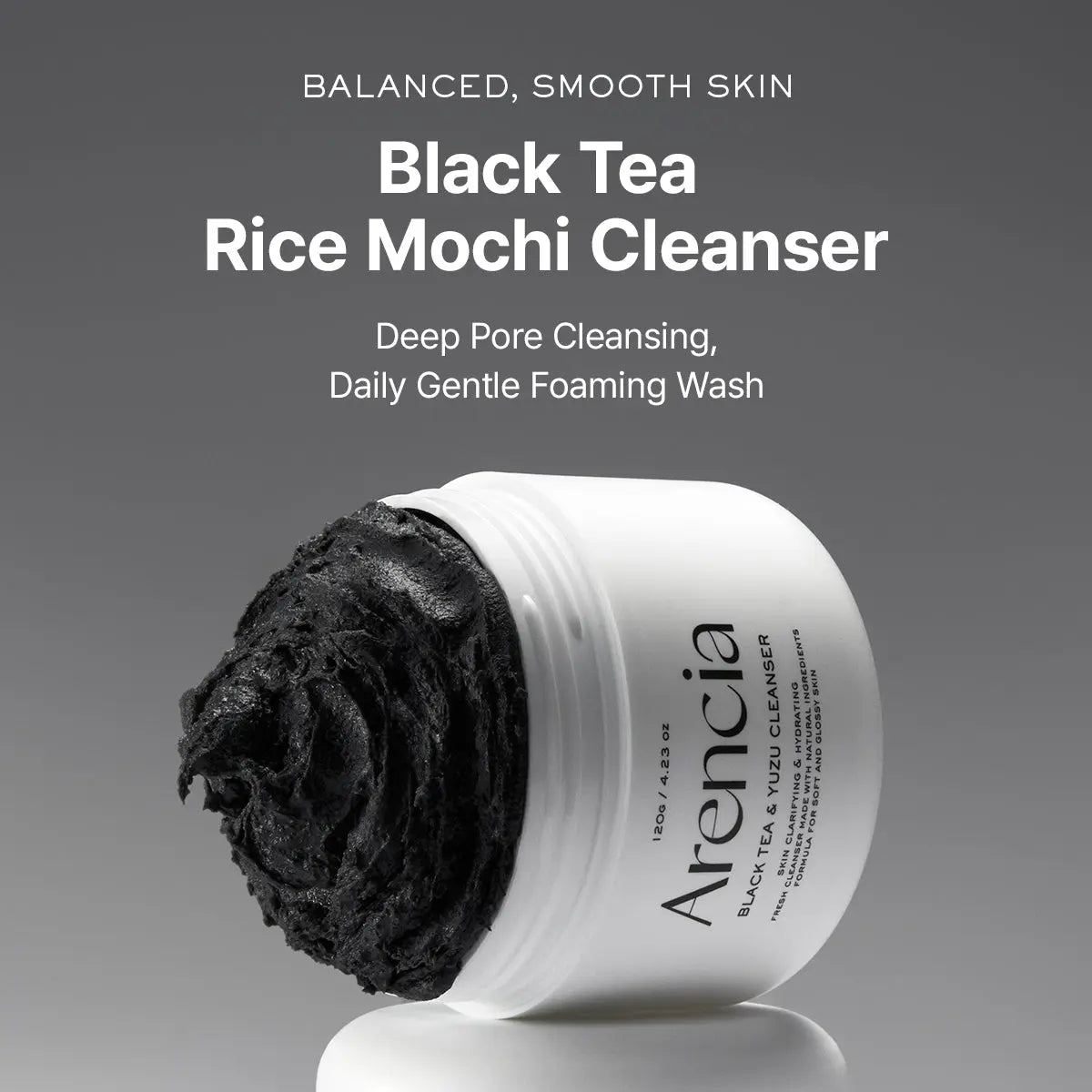 Black tea and rice mochi cleanser from ARENCIA with a sleek bottle, designed for gentle skincare and cleansing.