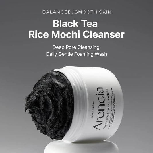 Black tea and rice mochi cleanser from ARENCIA with a sleek bottle, designed for gentle skincare and cleansing.