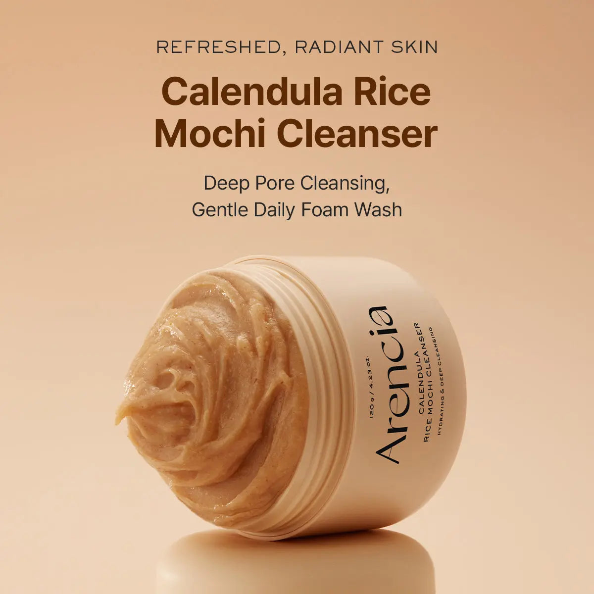 ARENCIA Arencia Calendula Rice Mochi Cleanser, a gentle face cleanser with calendula and rice extract in a white bottle.