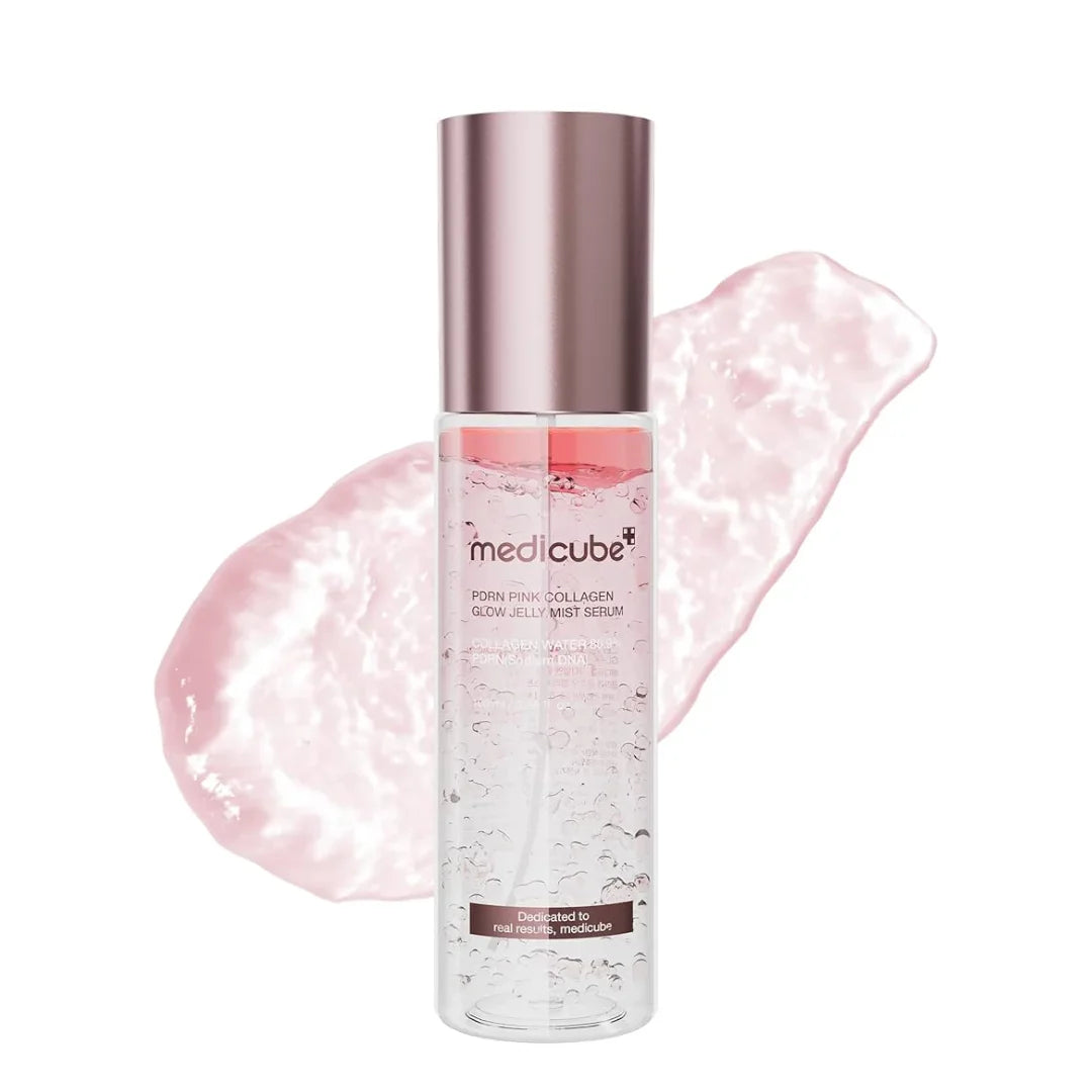 Medicube PDRN Pink Eternal Glow regeneration system with 10 pieces, featuring black and purple modern packaging for skin renewal.