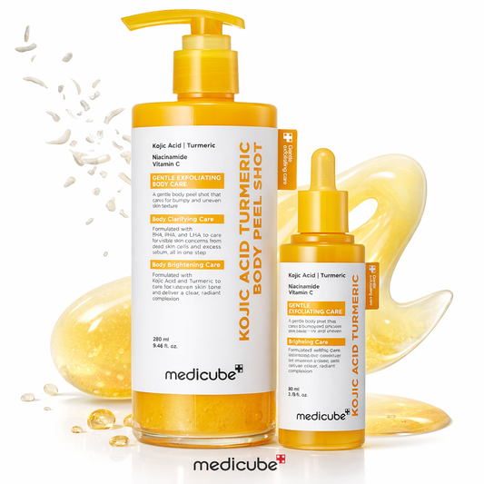 Medicube Kojic Acid and Turmeric Peel Shot Duo bottles, skincare products with brightening and exfoliating ingredients.