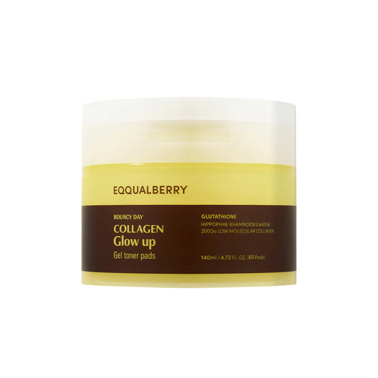 EQQUALBERRY Collagen Glow Up Gel Toner Pads in a container with 60 pads, designed for facial skincare and brightening.