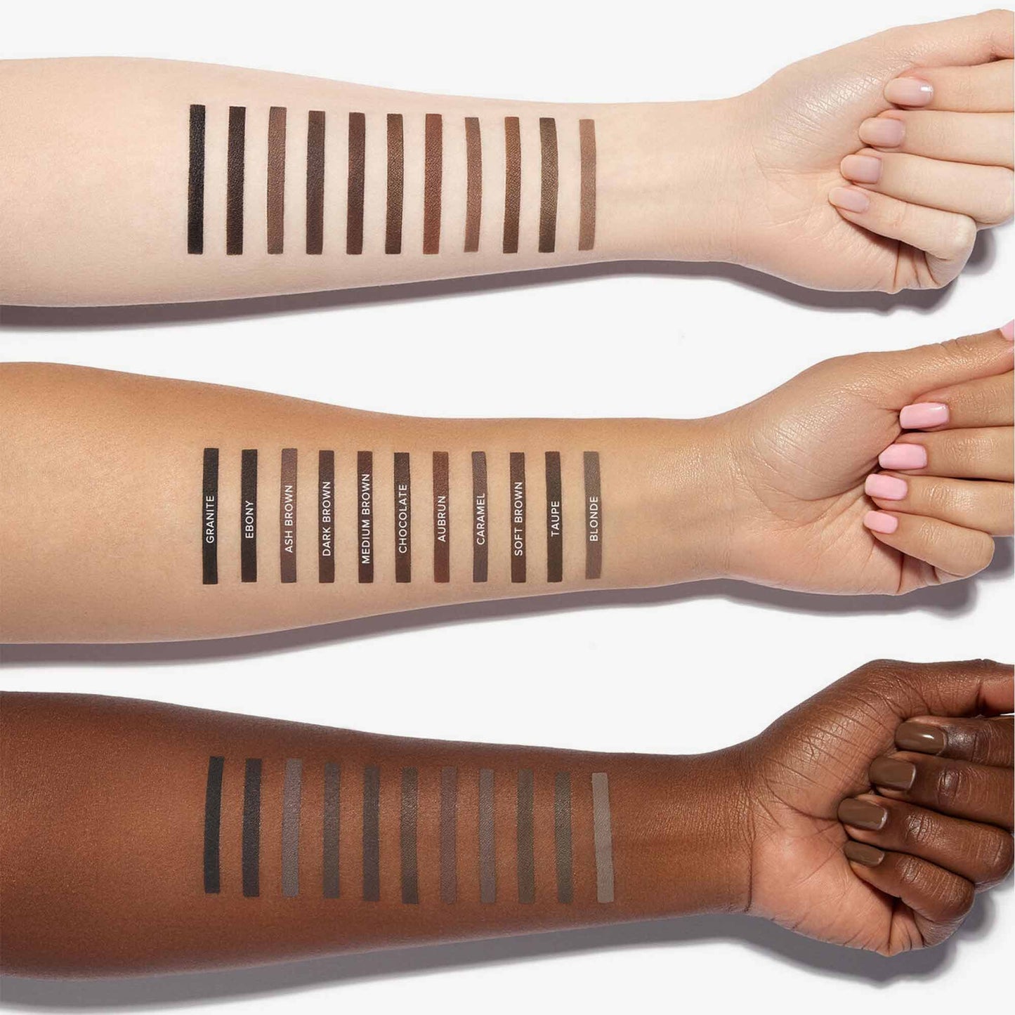 Swatch of Anastasia Beverly Hills DIPBROW® Pomade on arm showing deep brown brow color and creamy texture.