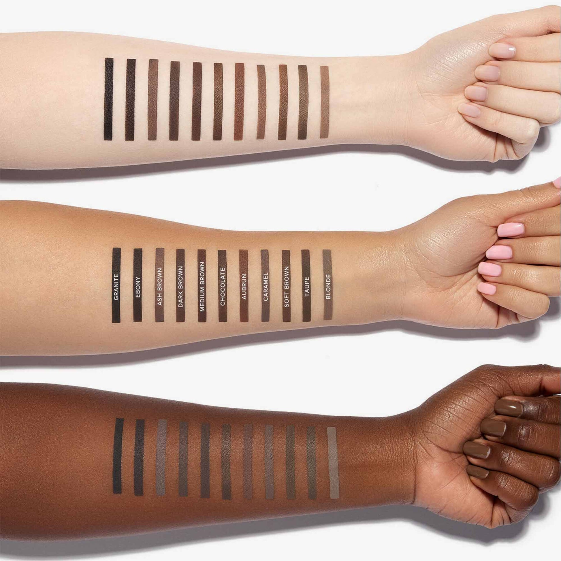 Swatch of Anastasia Beverly Hills DIPBROW® Pomade on arm showing deep brown brow color and creamy texture.