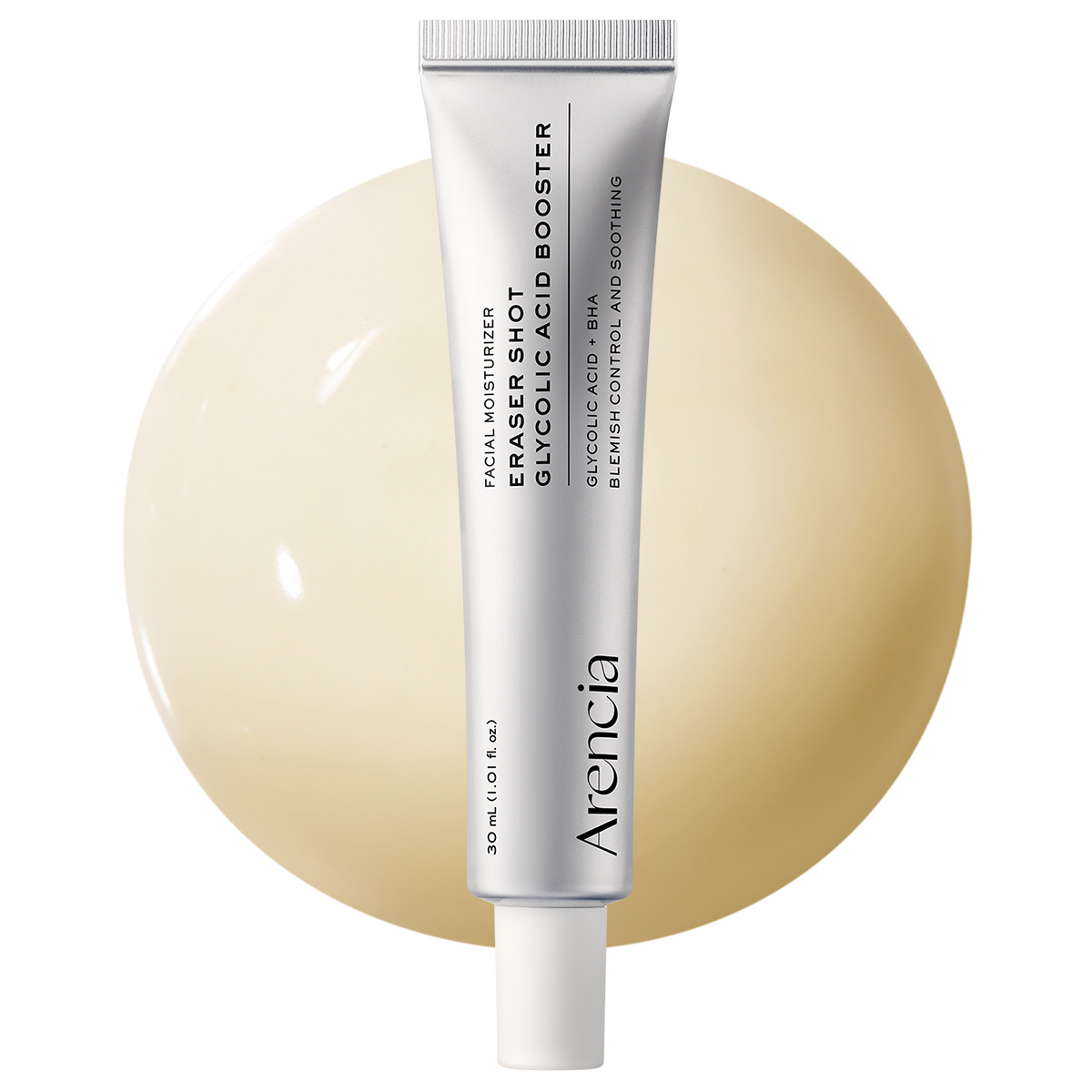 ARENCIA Eraser Shot Glycolic Acid Booster 30ml bottle with dropper, clear liquid for skin exfoliation and renewal.