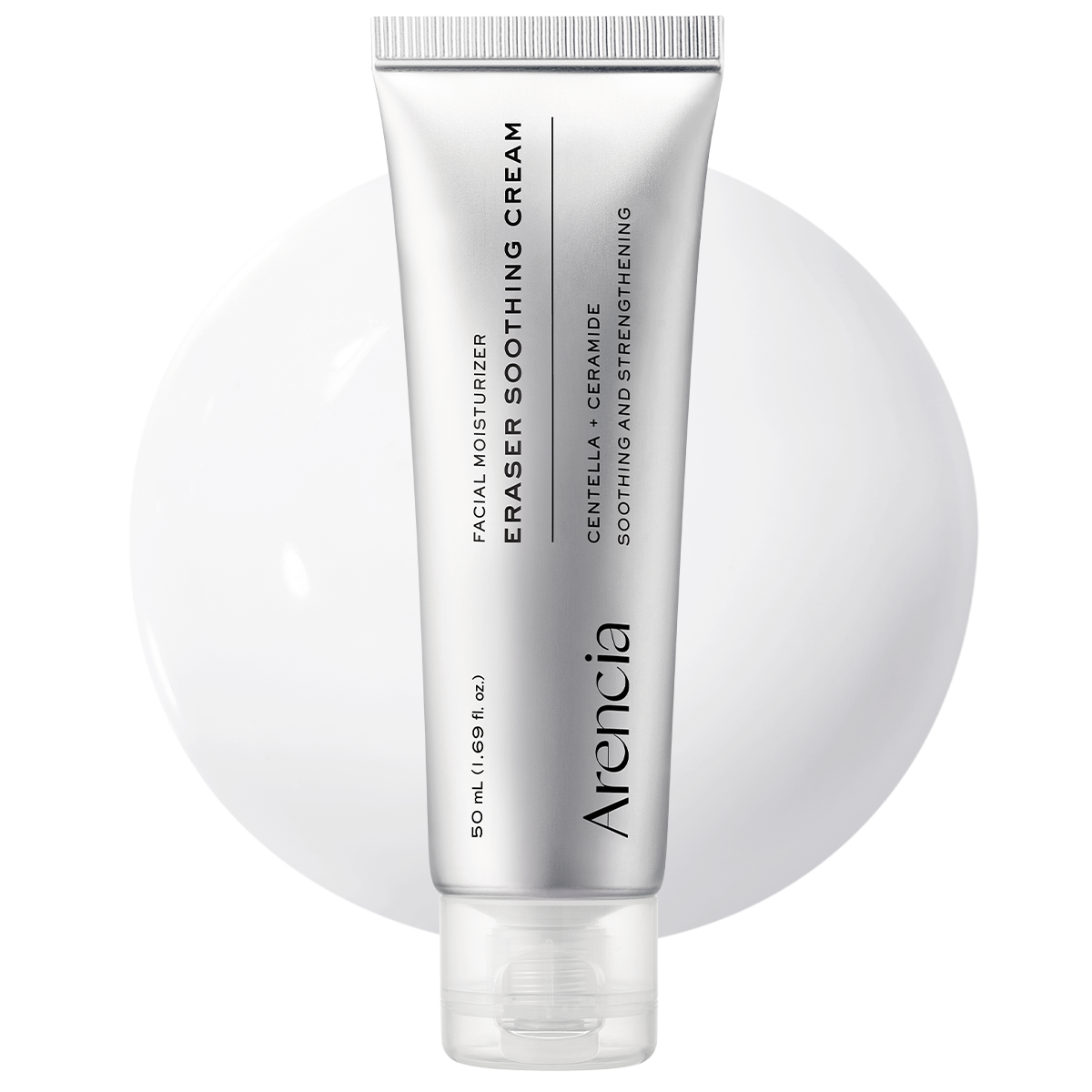 ARENCIA Eraser Soothing Cream jar with white lid and label, designed for gentle skincare and irritation relief.