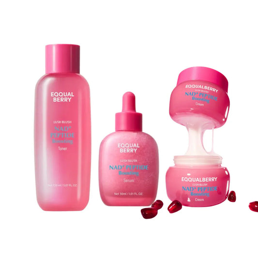 EQQUALBERRY Lush Blush NAD+ Peptide Boosting Skincare Set with various skincare products and packaging in a sleek design.