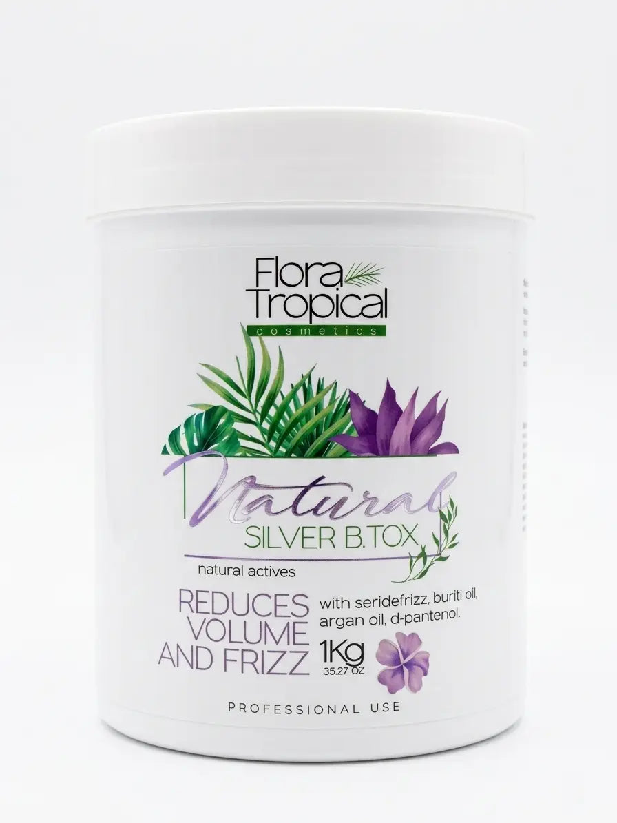 Natural silver B tox product by Flora Tropical, 1 kg, shown in a clear container with the label visible.
