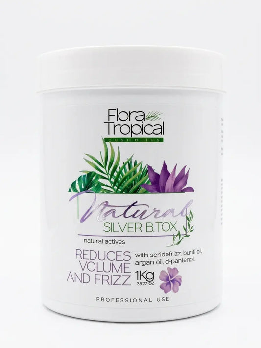 Natural silver B tox product by Flora Tropical, 1 kg, shown in a clear container with the label visible.