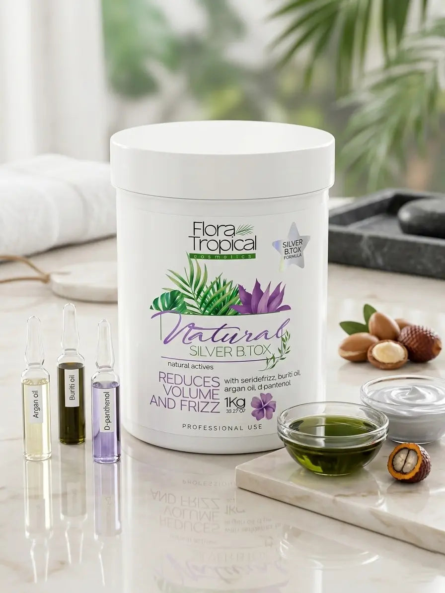 Flora Tropical Natural Silver B Tox 1kg, silver-colored cosmetic product in a container, with floral branding visible.