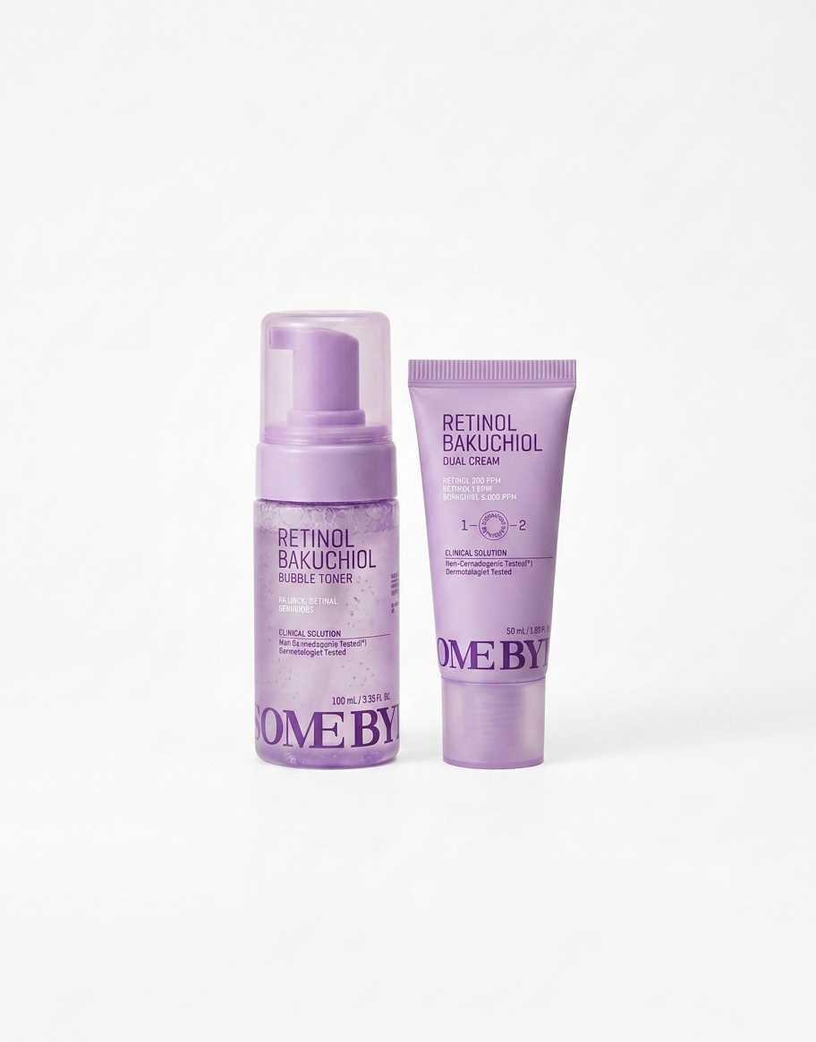 SOME BY MI Retinol and Bakuchiol anti-aging duo with skincare products in sleek bottles, designed for gentle wrinkle reduction.
