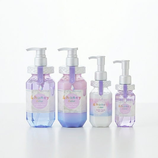 & Honey Color Control Repair Ultimate Protection 4-piece set with bottles and tools for hair color correction and protection.