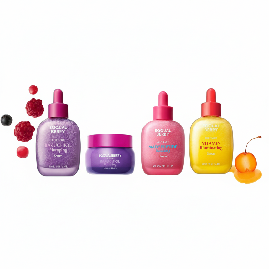 EQQUALBERRY 4-step glow set with skincare products displayed on a clean surface for radiant skin enhancement.