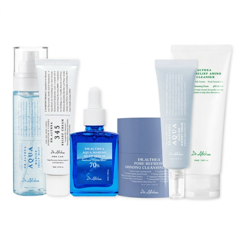 DR ALTHEA Deep Hydrating Routine Skincare set featuring cleansers, serums, and moisturizers in sleek bottles and tubes.