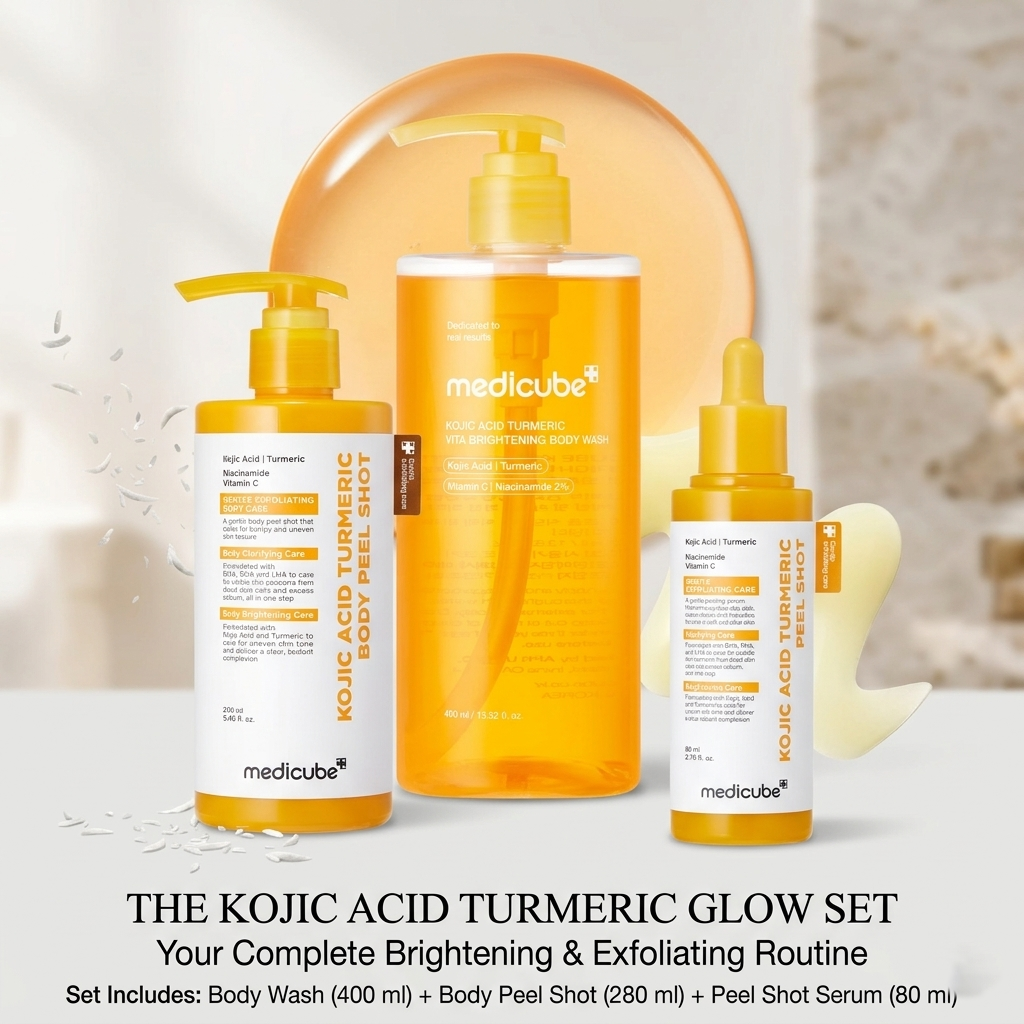 Medicube Kojic Acid Turmeric Trilogy Glow Set featuring skincare products with brightening and anti-aging ingredients.